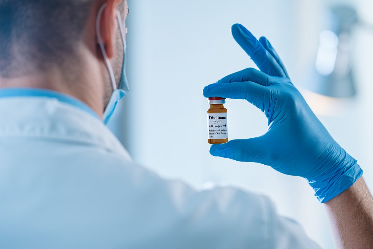 Врач держит флакон из под дисульфирама